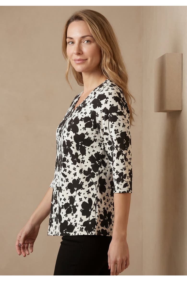 Stretch Cotton V-Neck Tee, Alternate, color, BLACK WHITE FLORAL MIX