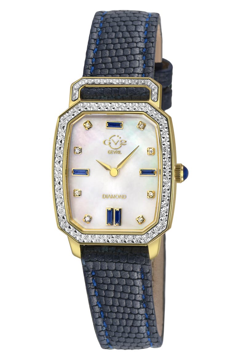 Pavia Diamond Leather Strap Watch, 25mm x 29mm, Main, color, BLUE/ MOTHER OF PEARL