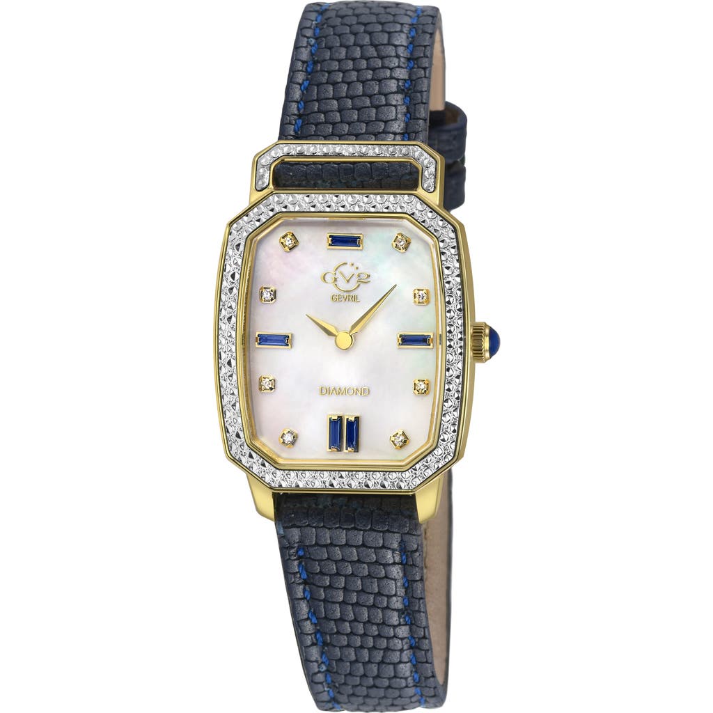 Gv2 Pavia Diamond Leather Strap Watch, 25mm X 29mm In Blue/mother Of Pearl
