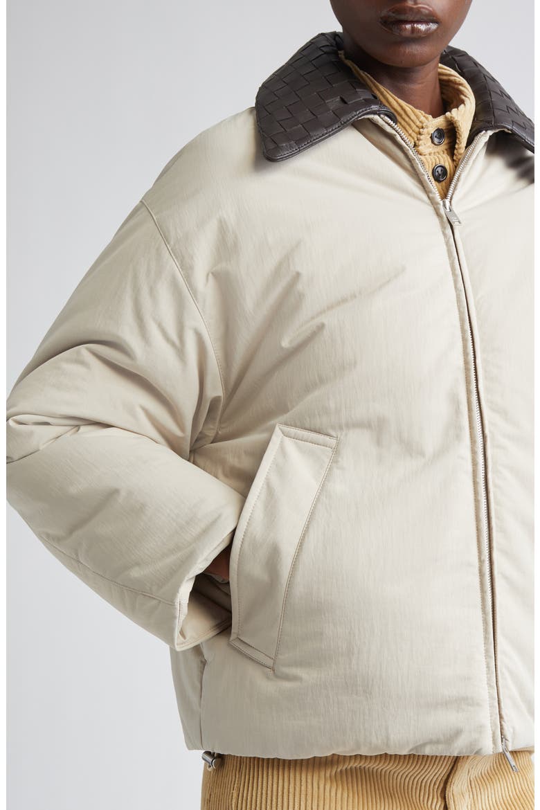 Intrecciato Leather Collar Tech Nylon Puffer Jacket, Alternate, color, 2674 GREY PUTTY