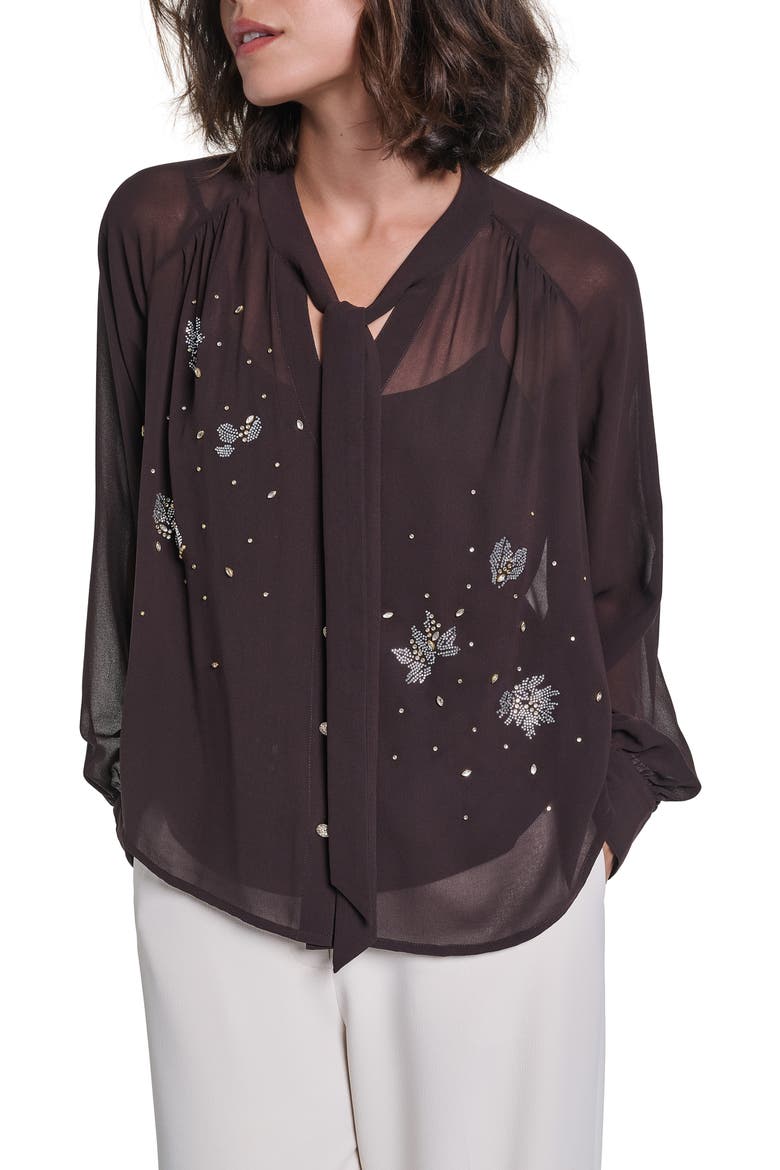 Beaded Chiffon Top with Tie Neck, Main, color, CHOCOLATE