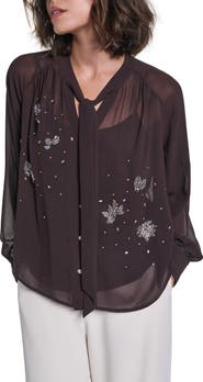 KARL LAGERFELD PARIS Beaded Chiffon Top with Tie Neck