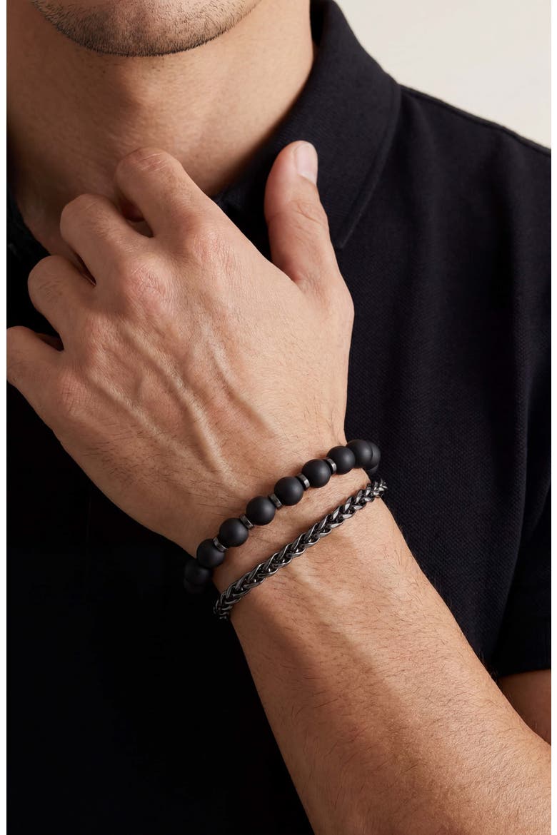 Matte Black Bead & Chain Bracelet Set, Alternate, color, ONYX