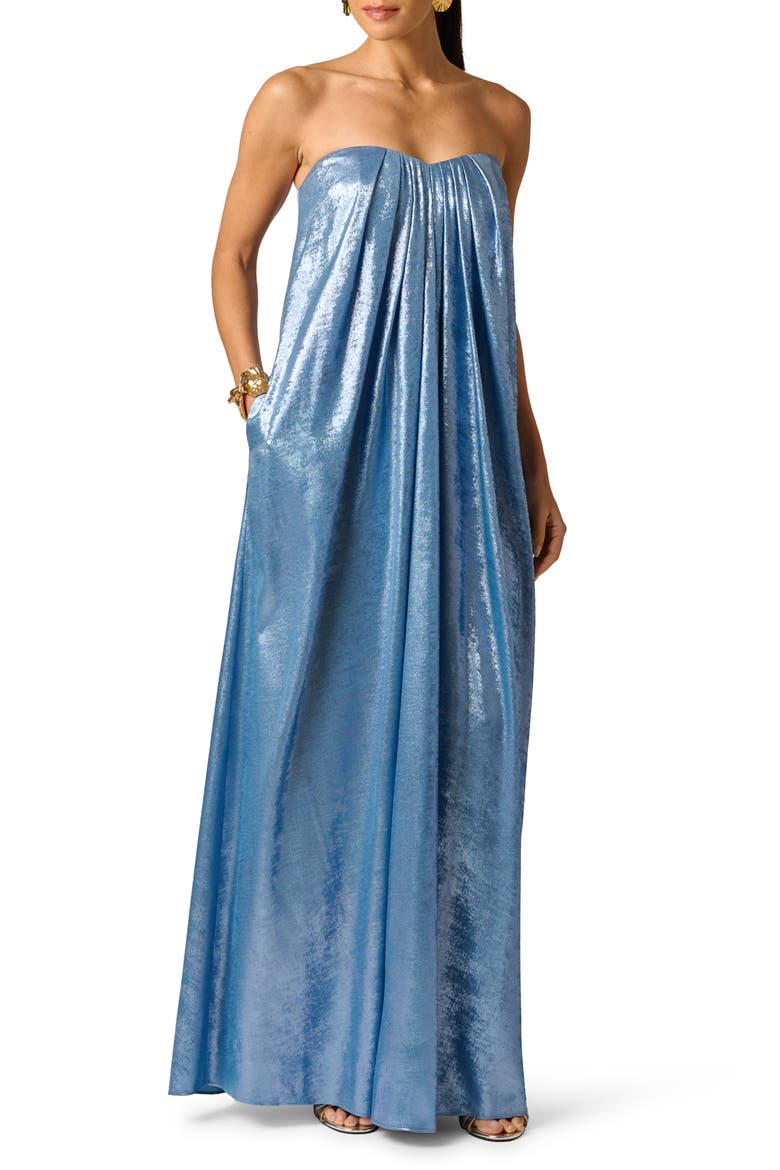 Foil Chiffon Strapless Gown, Main, color, AZURE BLUE