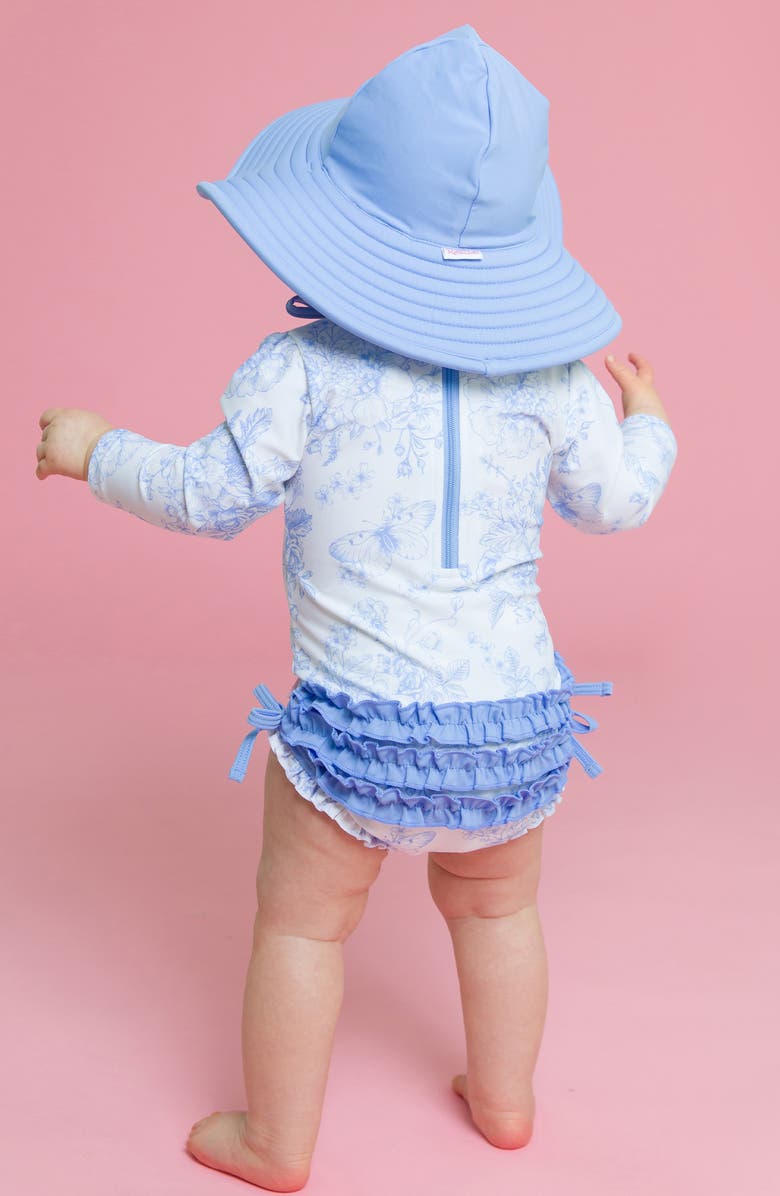 RuffleButts Periwinkle Garden Long Sleeve One-Piece Rashguard Swimsuit & Hat Set, Alternate, color, 