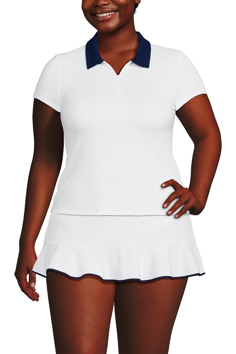 Plus Size Short Sleeve Pique Johnny Collar UPF 50 Rash Guard, Alternate, color, White/Deep Sea Navy