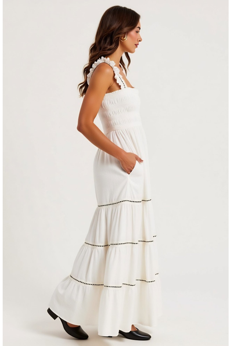 Tiered Maxi Dress with Smocked Bodice, Alternate, color, White