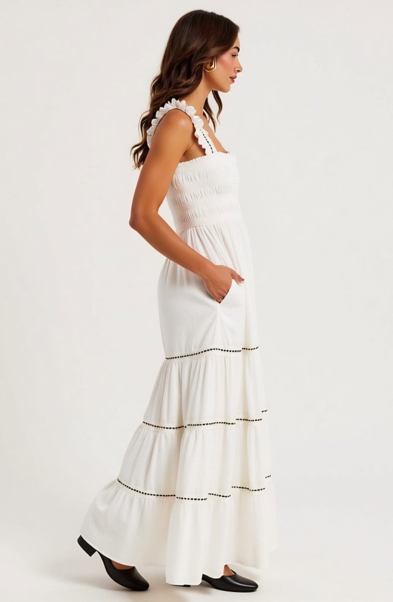 Modenaire Tiered Maxi Dress with Smocked Bodice, Alternate, color, White