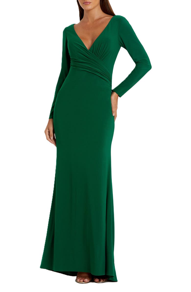 Mac Duggal Long Sleeve Ruched Jersey V-Neck Gown, Main, color, Emerald