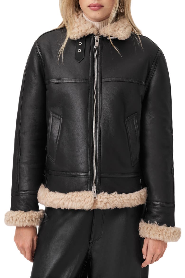 Lorel Leather & Genuine Shearling Flying Jacket, Main, color, BLACK/ NATURAL