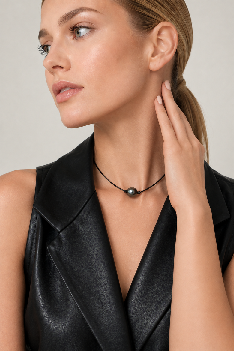 Tahitian Baroque Pearl Leather Necklace, Alternate, color, Black Pearl