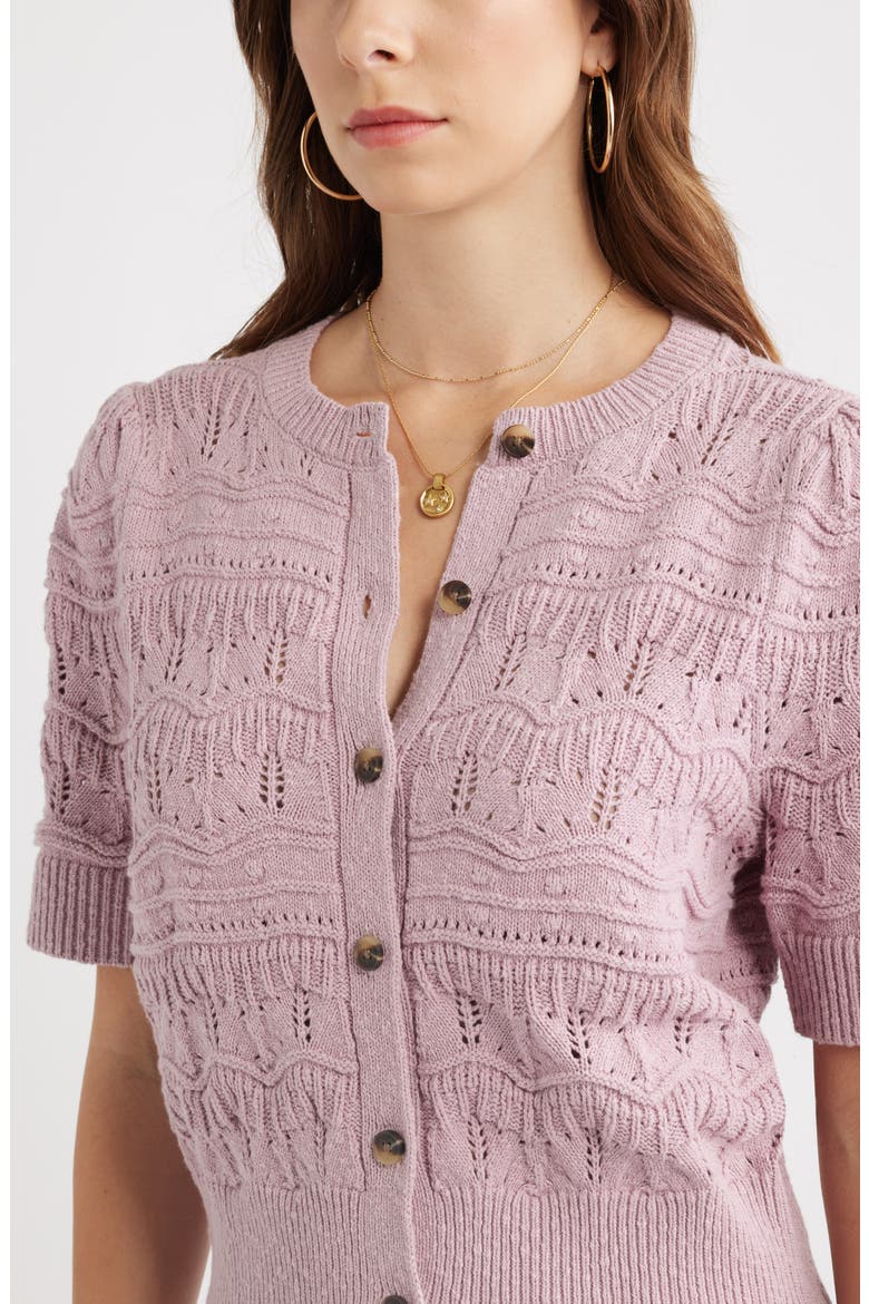 Short Sleeve Pointelle Cardigan, Alternate, color, PURPLE SHADE