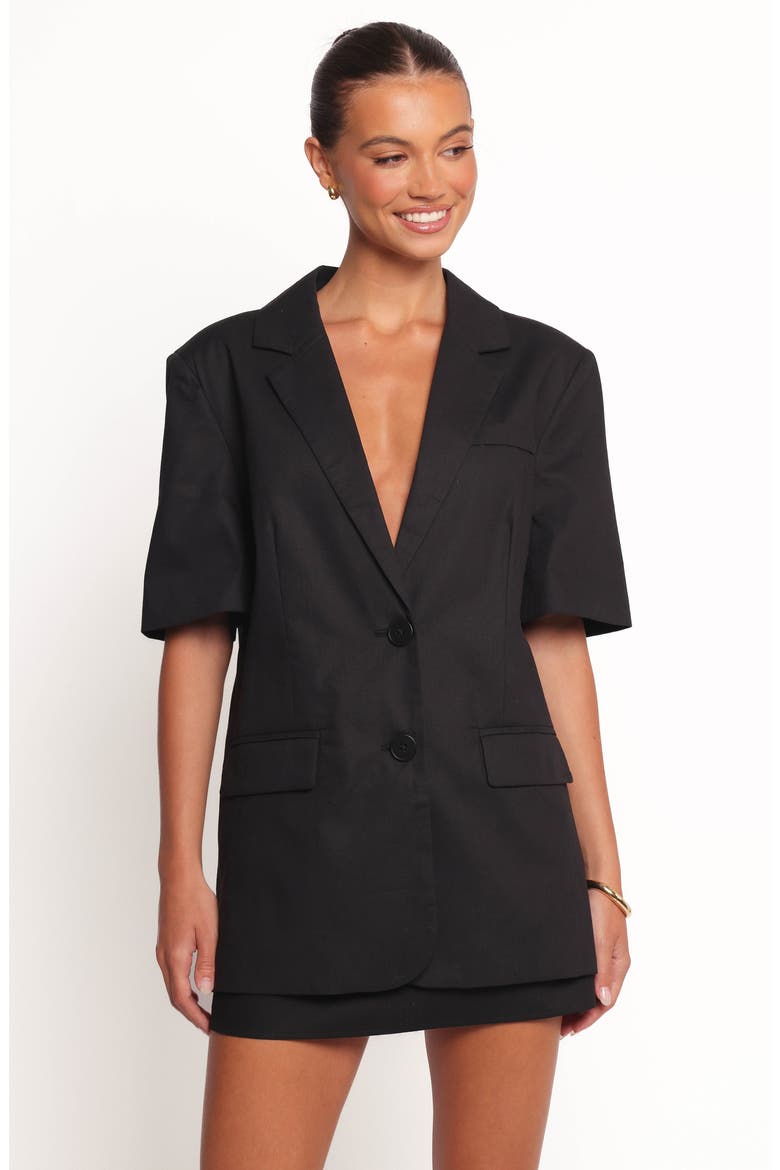 Brielle Short Sleeve Cotton & Linen Blazer, Alternate, color, BLACK