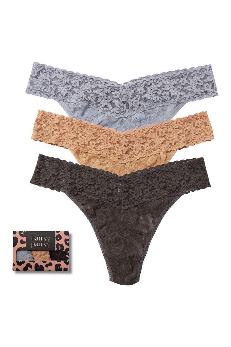 Assorted 3-Pack Lace Original Rise Thongs, Main, color, SUNTAN/ BLACK/ GRANITE