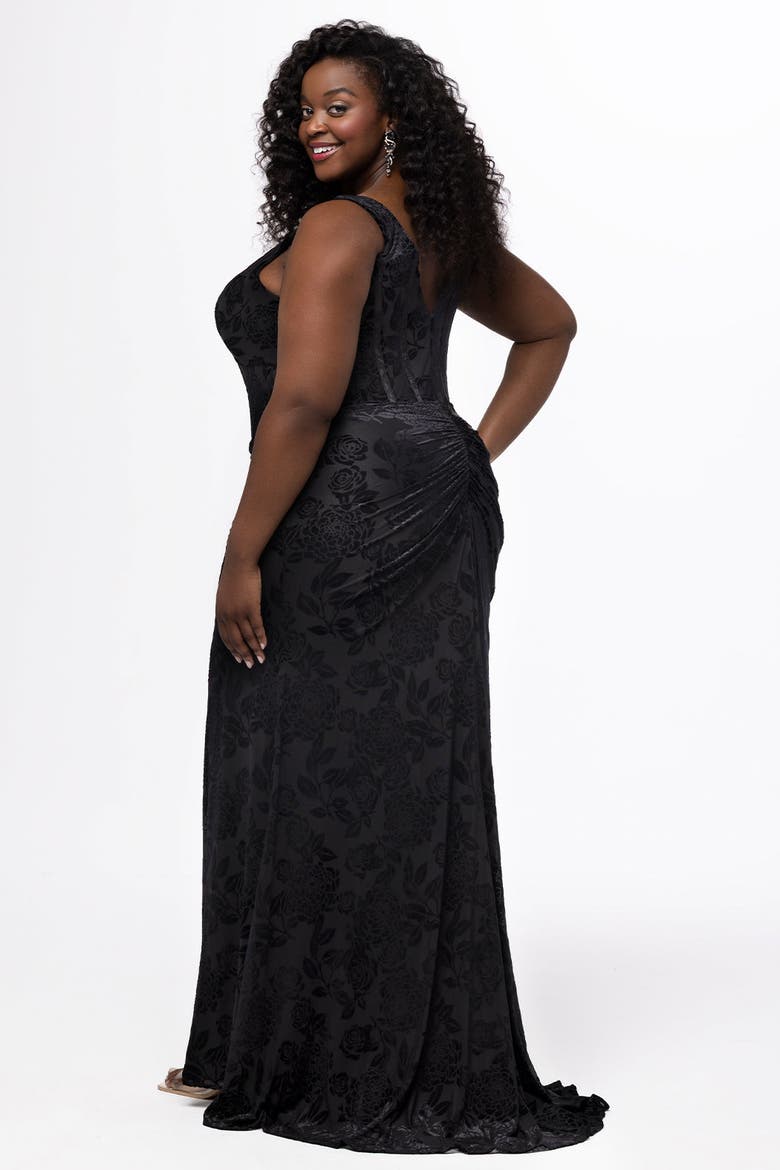 Plus-Size Fitted Velvet Burnout Formal Gown with Slit, Alternate, color, Black