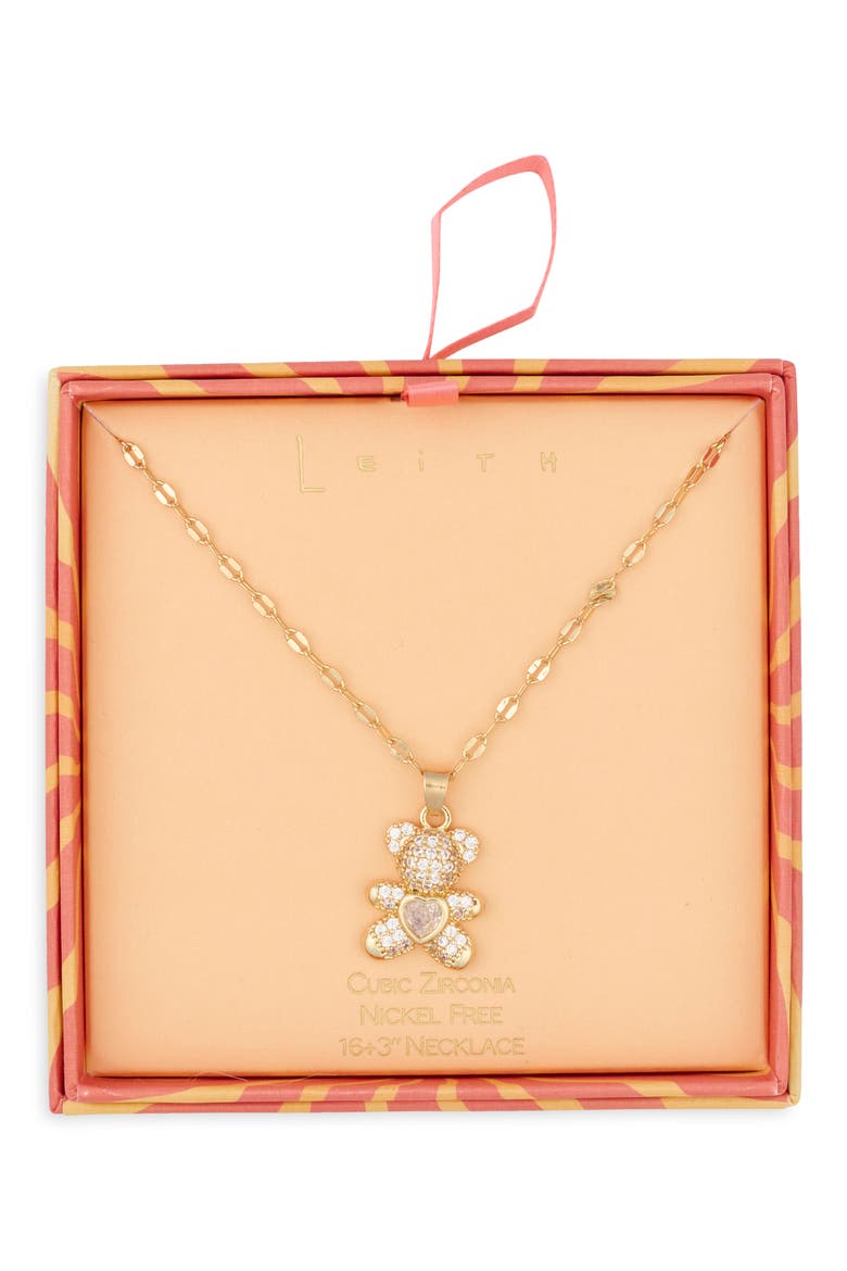 Pavé Cubic Zirconia Teddy Bear Pendant Necklace, Main, color, CLEAR- GOLD
