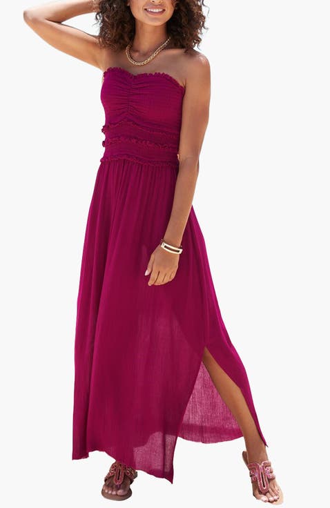 Women's Strapless Ruffle Detail Maxi Dress