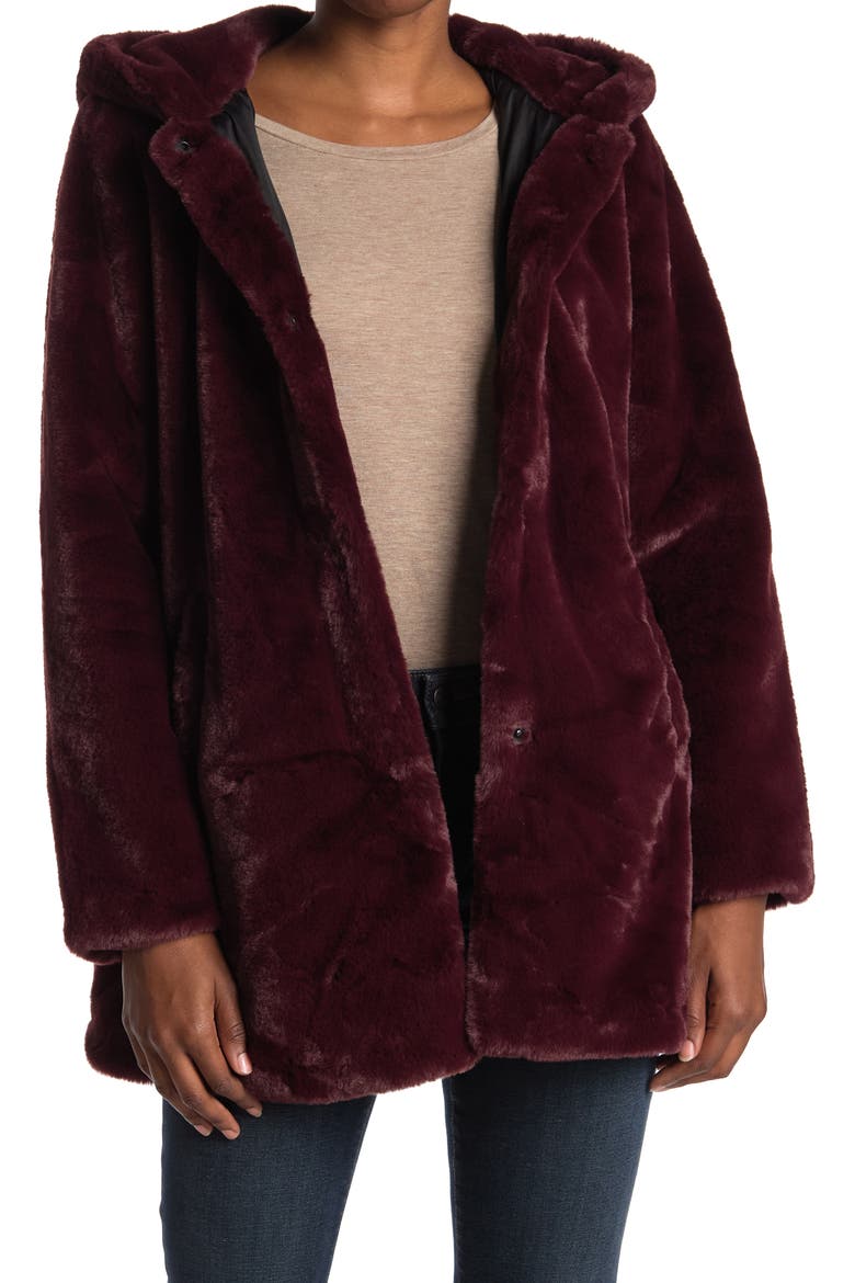 Collection Hooded Faux Fur Coat, Main, color, BURGUNDY
