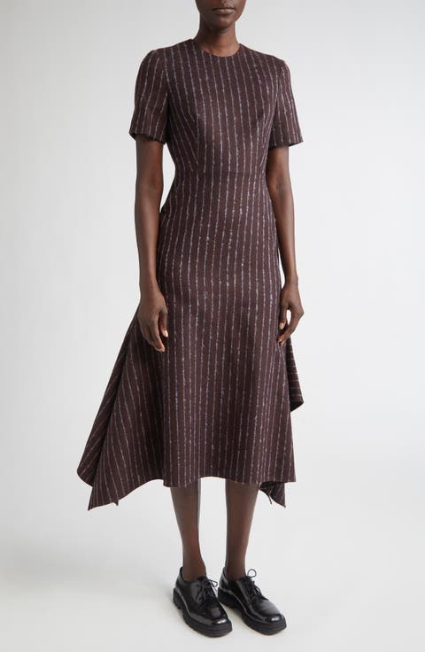 Pinstripe Short Sleeve Wool & Mohair Blend Midi Dress