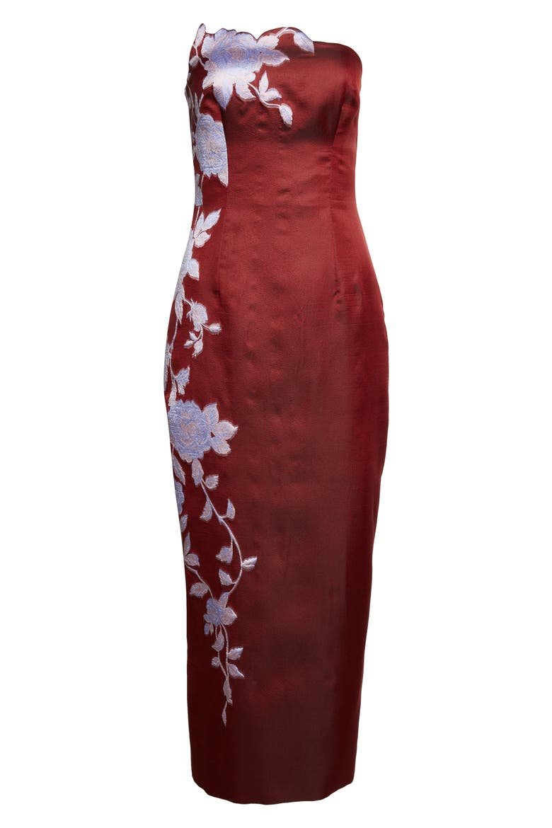 Rose Engineered Brocade Strapless Column Dress, Alternate, color, OXBLOOD/ LAVENDER