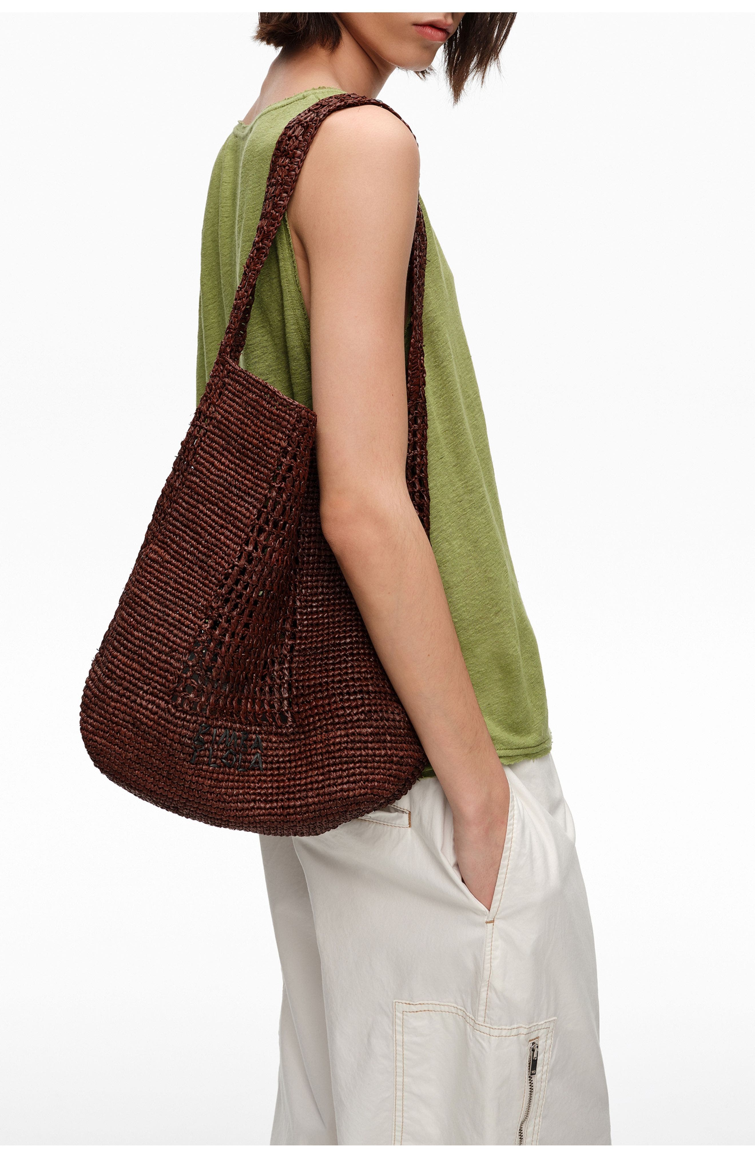 Bimba y Lola Raffia Woven Shoulder Bag, Alternate, color, Nut