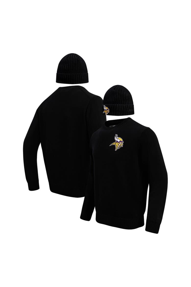 Men's Pro Standard Black Minnesota Vikings Crewneck Pullover Sweater & Cuffed Knit Hat Box Gift Set, Main, color, Black