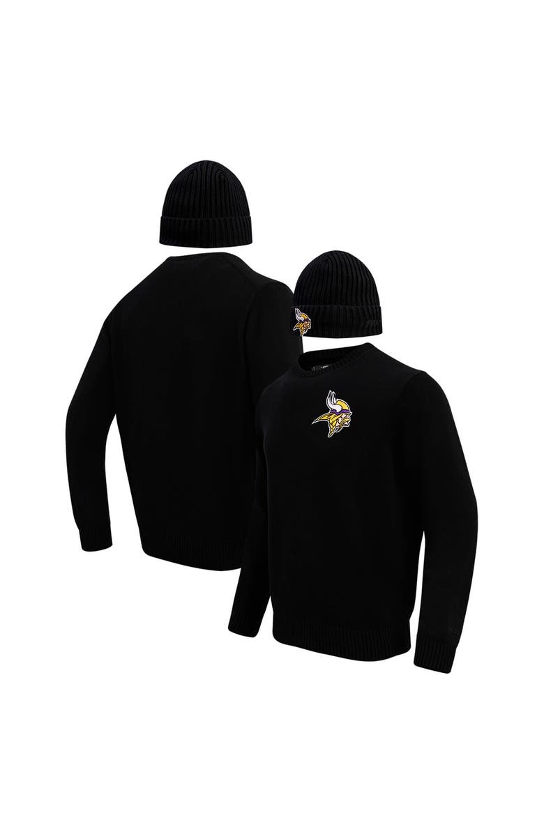 PRO STANDARD Men's Pro Standard Black Minnesota Vikings Crewneck Pullover Sweater & Cuffed Knit Hat Box Gift Set, Main, color, Black