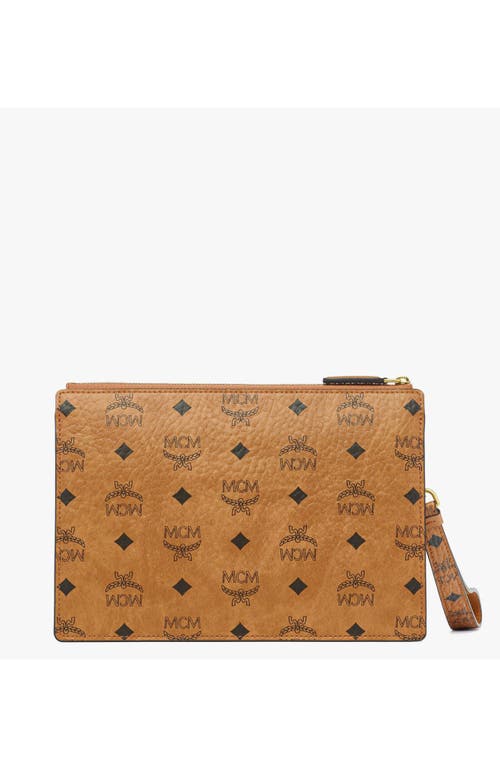 Mcm Wristlet Standing Pouch W/ Chain Strap In Brown