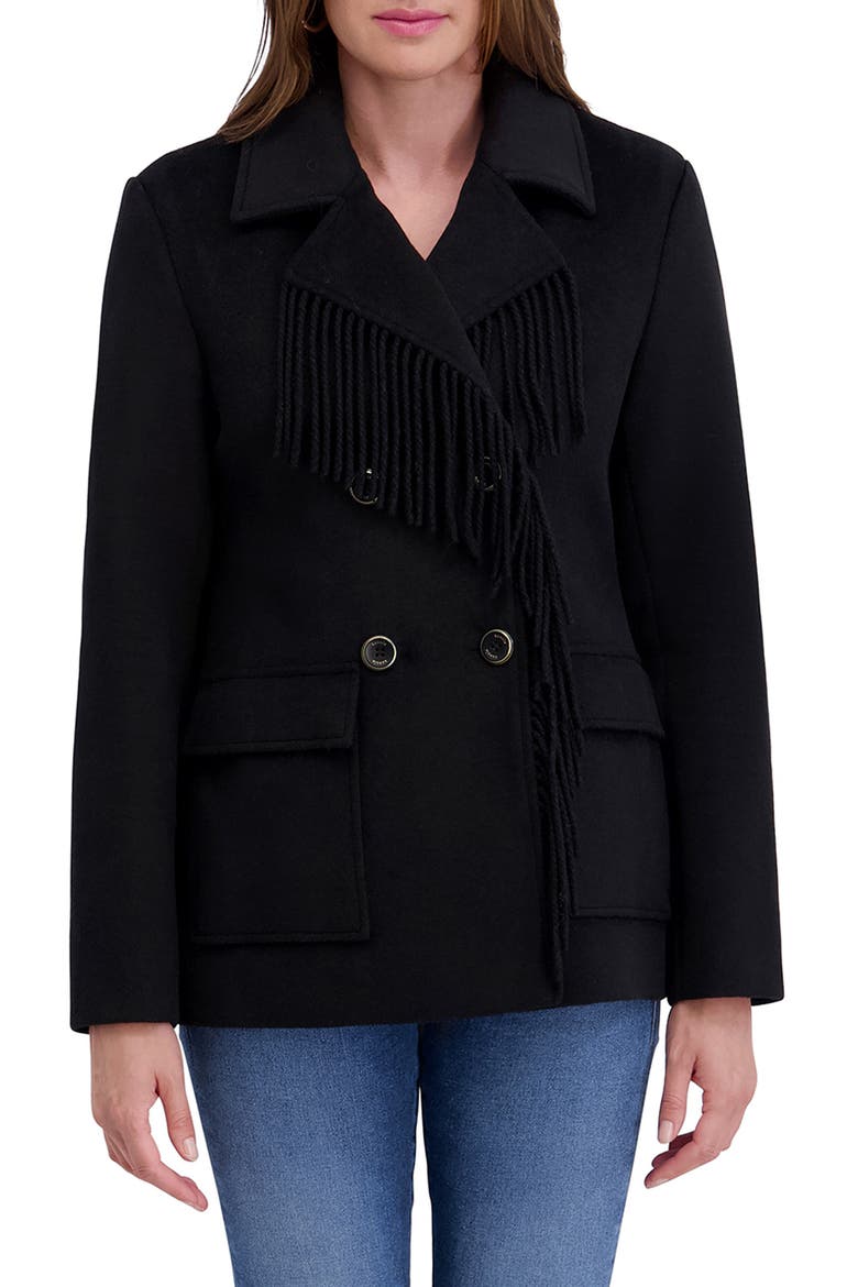 Fringe Trim Twill Peacoat, Main, color, BLACK