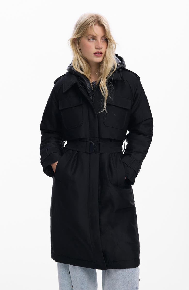 Desigual Padded Longline Trench Coat with Removable Hood, Alternate, color, Black
