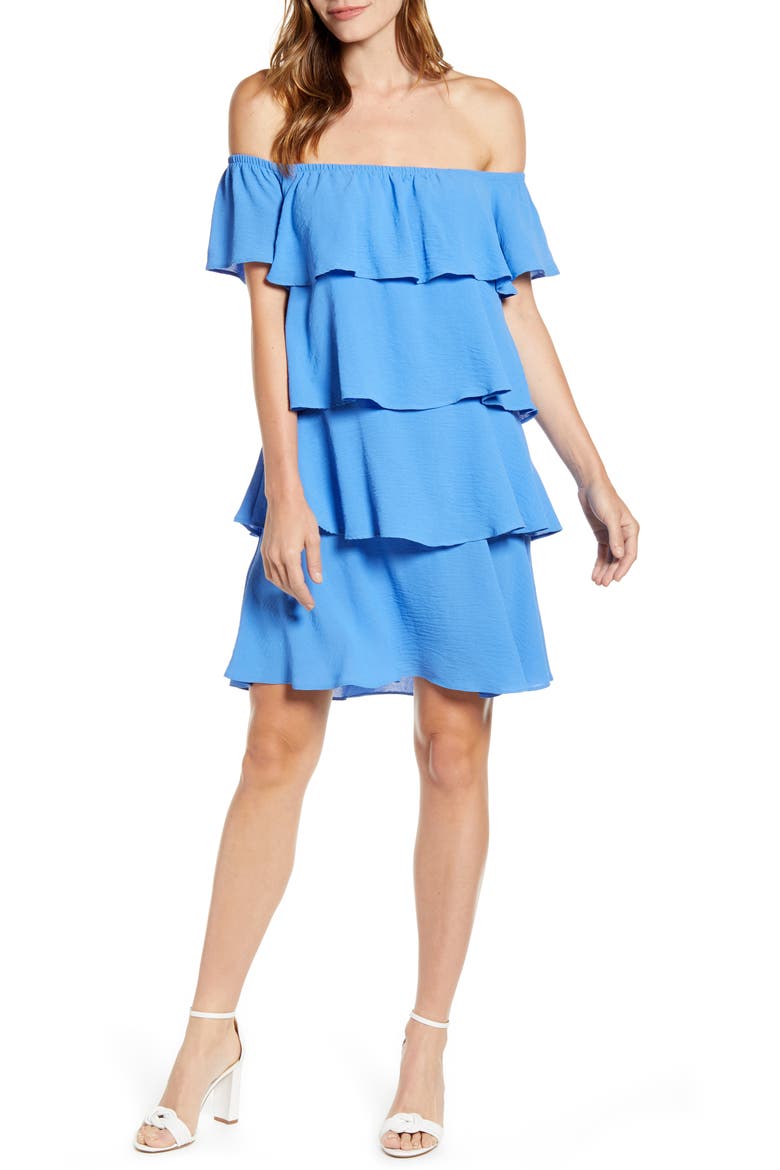x Hot Summer Nights Natalie Off The Shoulder Ruffle Dress (Nordstrom Exclusive), Main, color, CORNFLOWER