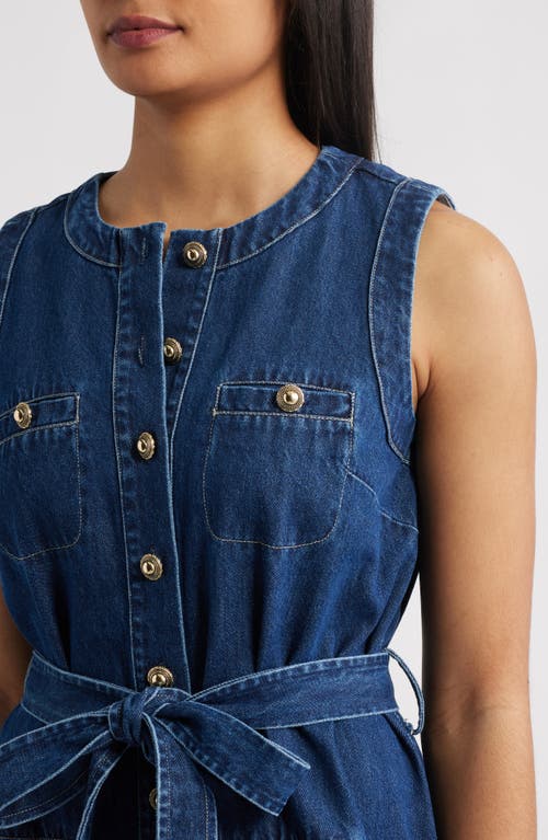 Zoe And Claire Sleeveless Belted Denim Dress In Blue