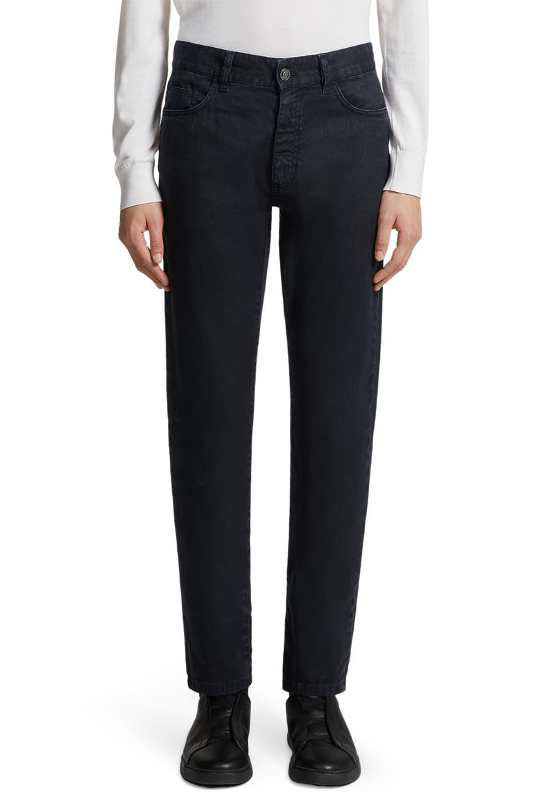 Garment Dyed Stretch Linen & Cotton Slim Fit Jeans, Main, color, NAVY