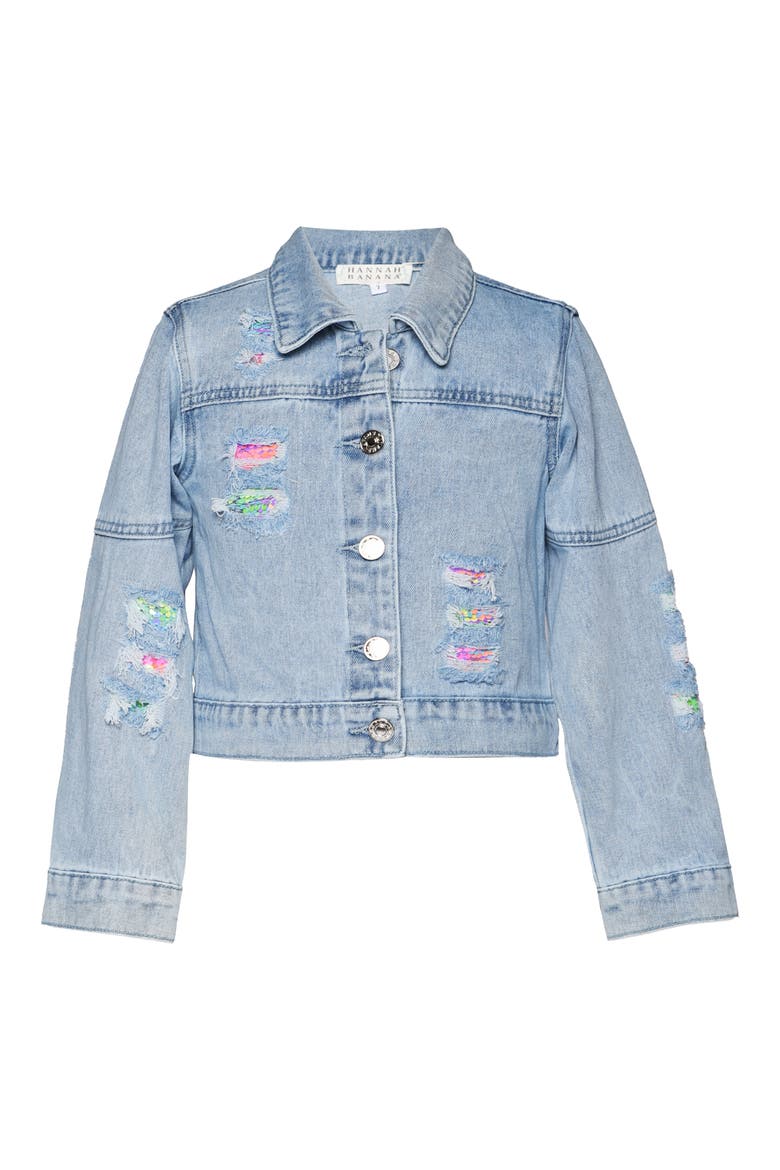 Kids' Sequin Distressed Denim Jacket, Main, color, DENIM BLUE
