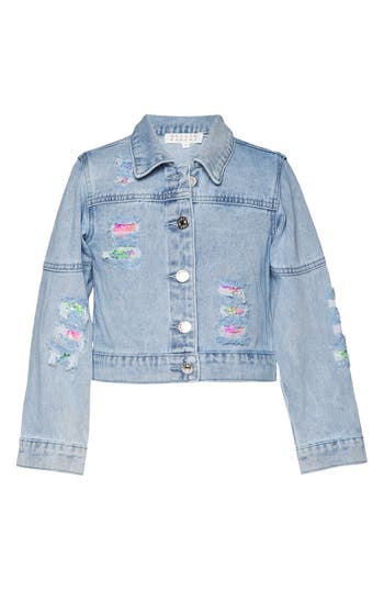 HANNAH BANANA HANNAH BANANA KIDS' SEQUIN DISTRESSED DENIM JACKET 
