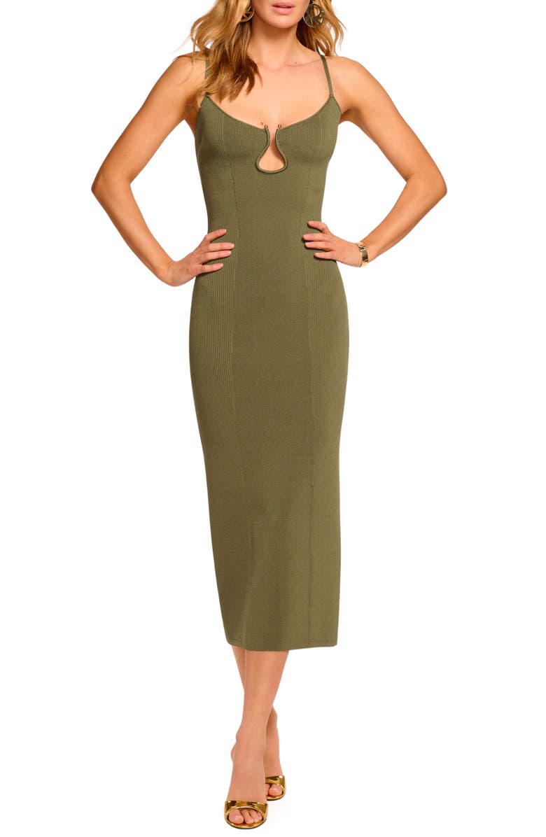 Ramy Brook Sloan Sculpted U-Neck Rib Midi Dress, Main, color, Olive Green