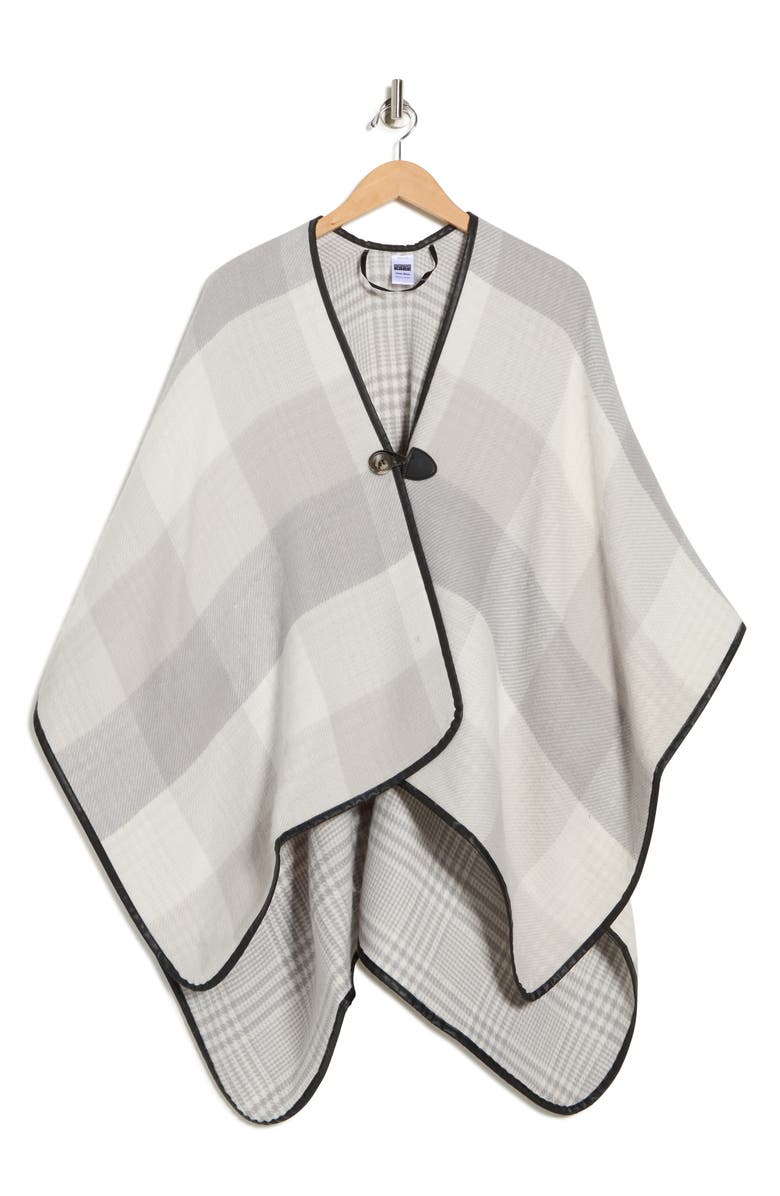 NORDSTROM RACK Faux Leather Trim Check Ruana, Alternate, color, Beige Plaid