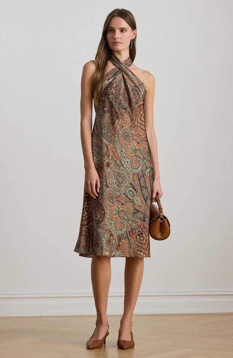 Lauren Ralph Lauren Paisley Charmeuse Halter Cocktail Dress, Alternate, color, Cream Multi