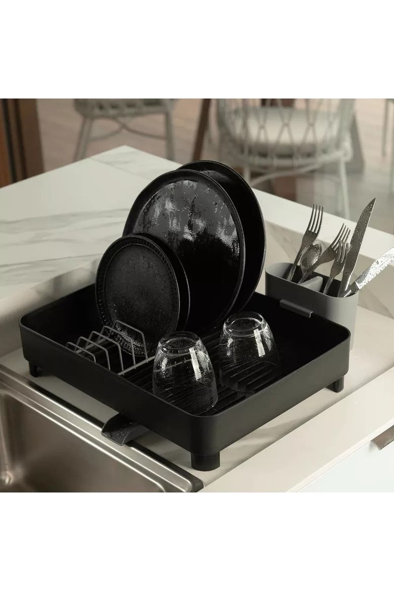 Compact Dish Drying Rack with Drainage Spout and 19 oz Liquid Soap Dispenser with Sponge Holder Nonslip Kitchen Sink Organizer, Alternate, color, Black
