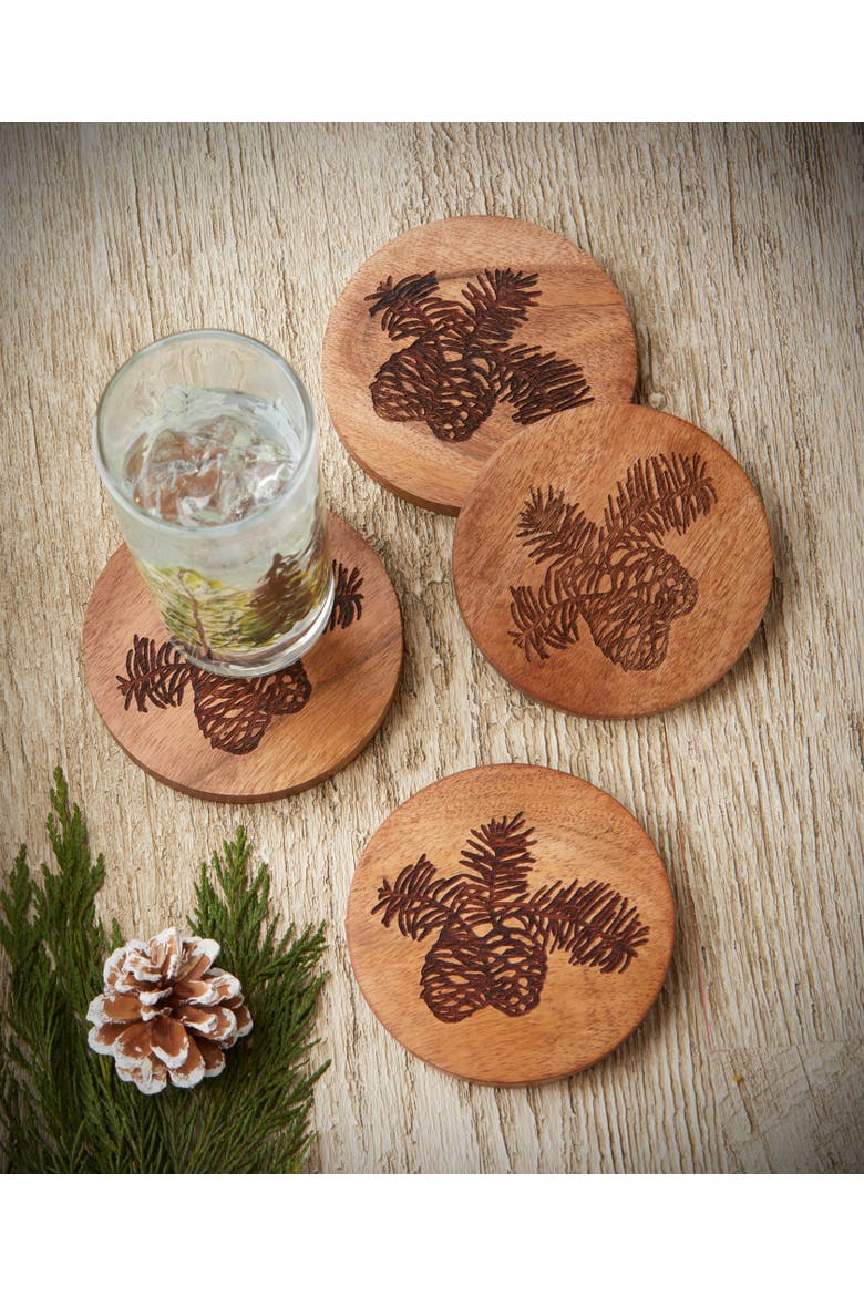 Northern Pine Christmas Bar Coaster Set 4 Natural Acacia Wood 4x4 in, Alternate, color, Beige
