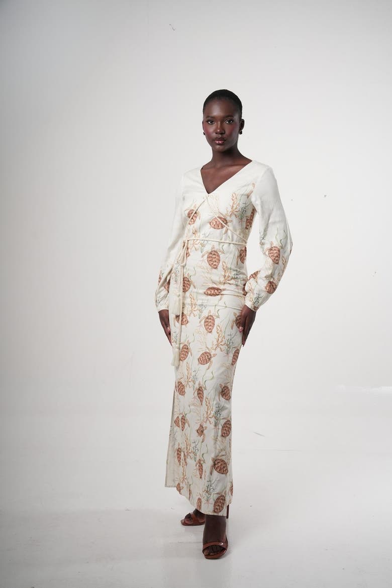 Maroa Linen-blend Printed Maxi Dress, Alternate, color, Ivory (off-white)
