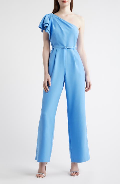 Flutter Sleeve One-Shoulder Wide Leg Scuba Knit Jumpsuit