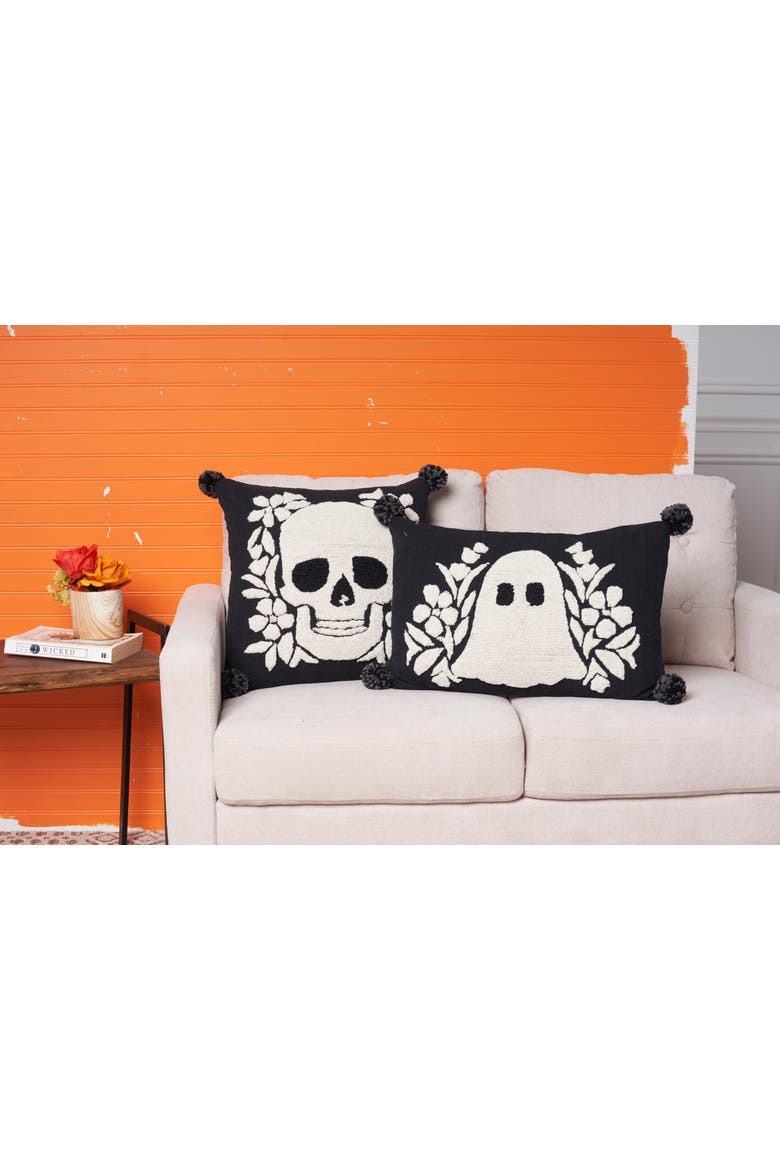 Skully Ghost Halloween Hooked Lumbar Accent Pillow, Alternate, color, Black