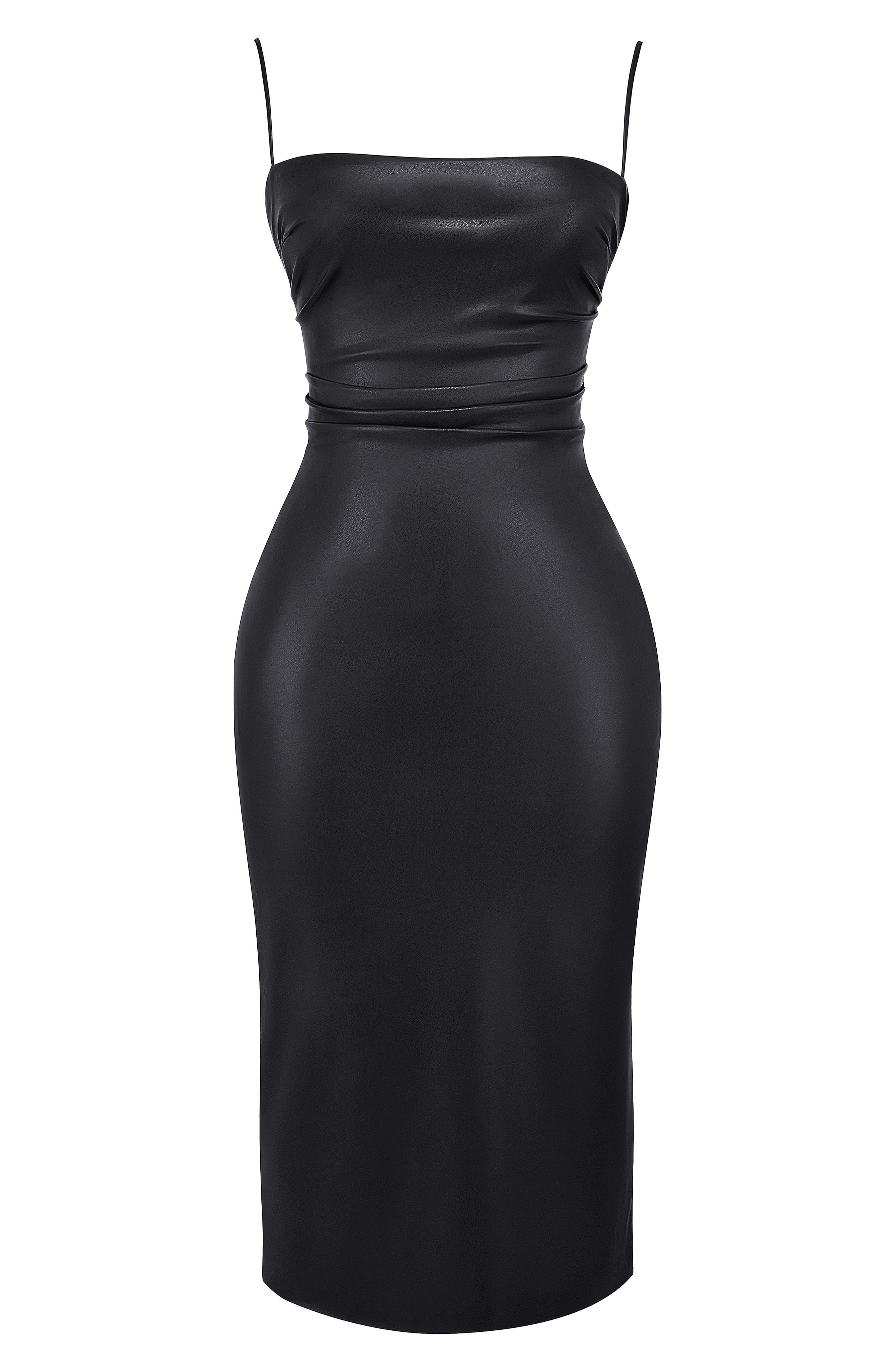 faux leather bandage dress Faux Leather Strapless Mini Sheath Dress