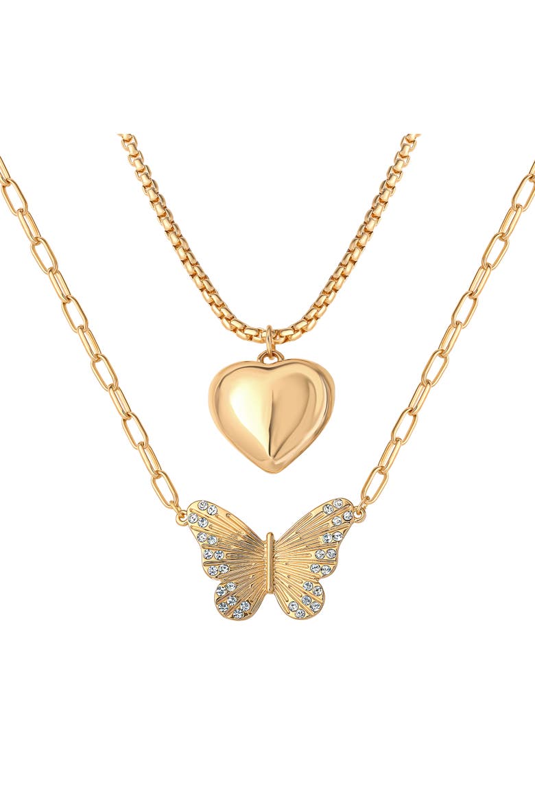 Butterfly and Heart Layered Necklace, Main, color, Gold