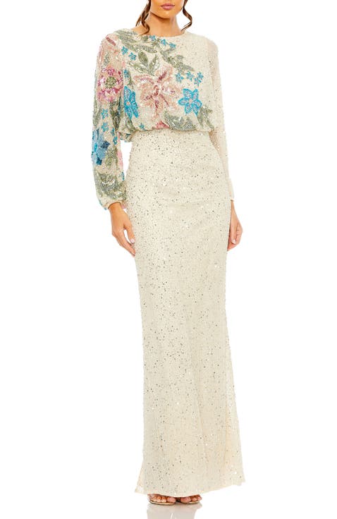 Floral Embellished Long Blouson Sleeve Sequin Column Gown