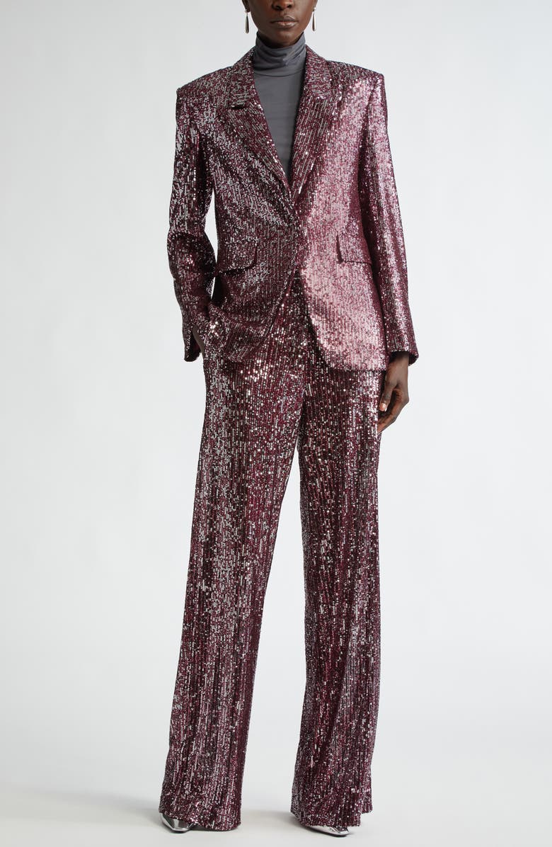 ST. JOHN Sequin Embroidered Wide Leg Pants, Alternate, color, Oxblood