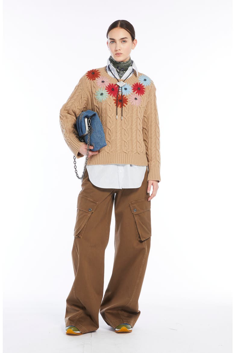 Sasia Beaded Floral Detail Virgin Wool Blend Sweater, Alternate, color, CAMEL