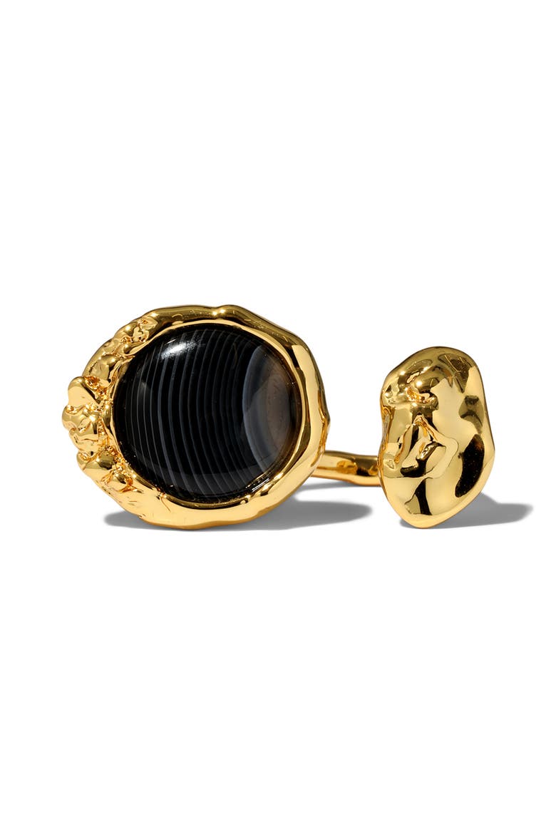 Brut Banded Agate Coin Open Ring, Alternate, color, BLACK/ GOLD