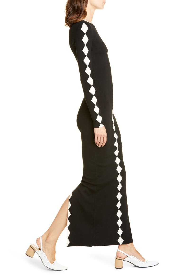Diamond Jacquard Long Sleeve Wool Maxi Sweater Dress, Alternate, color, BLACK AND WHITE COMBO